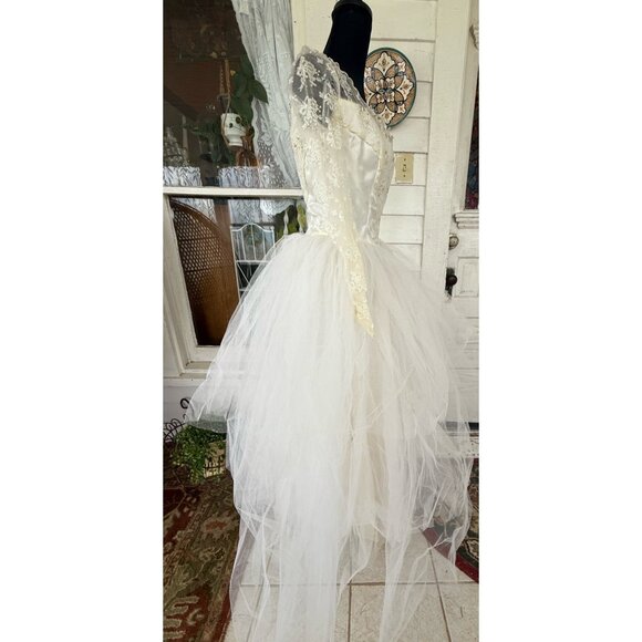 Vintage 50's Tulle Lace Tiered Cupcake Wedding Dress Beading Sequins Sz Small - Picture 10 of 16